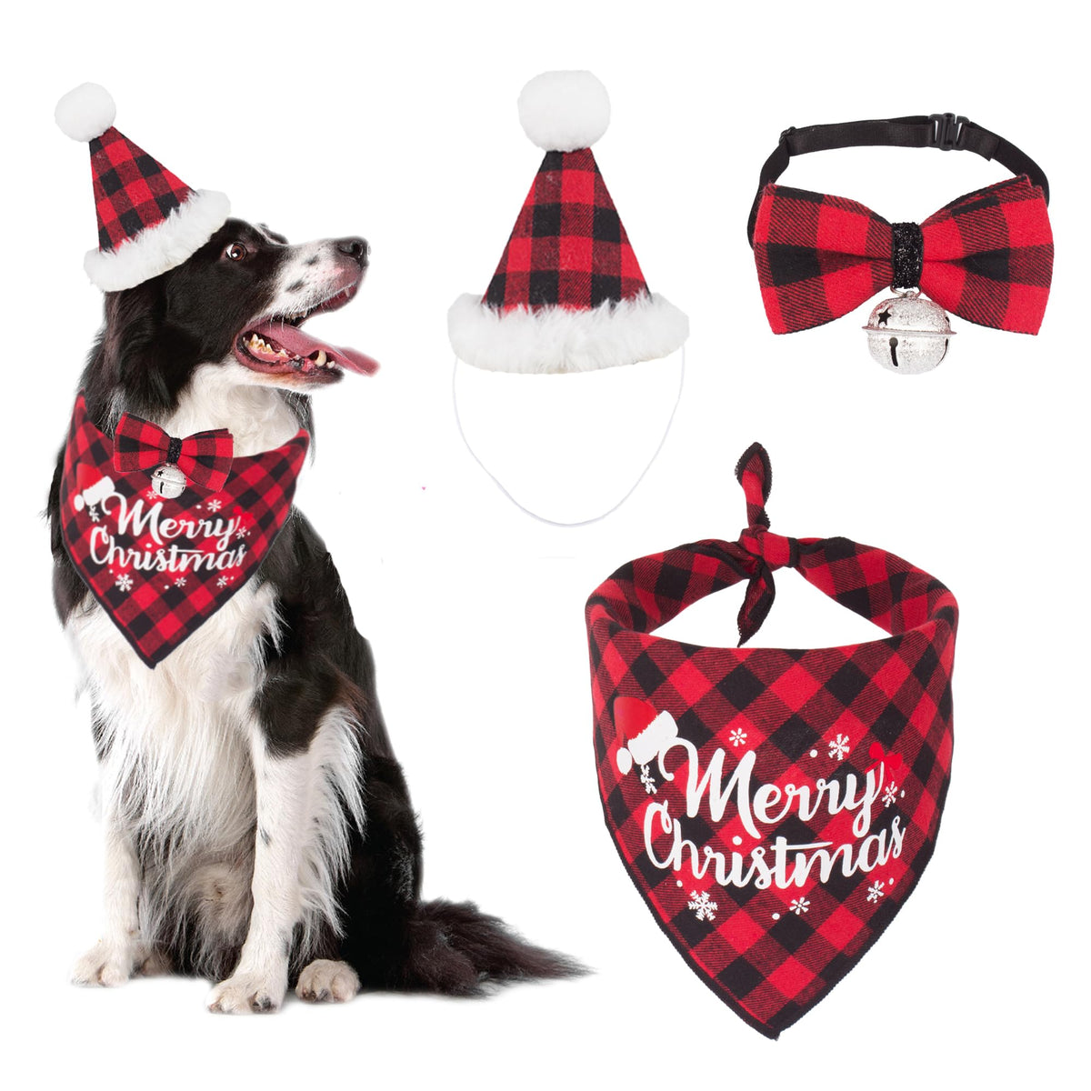 ADOGGYGO Christmas Dog Bandana Hat Bowtie Red Plaid Dog Christma Bandana Triangle Dog Scarf Dog Christmas Outfit Costume Accessories for Small Medium Large and X-Large Dogs Pets (Small Red)