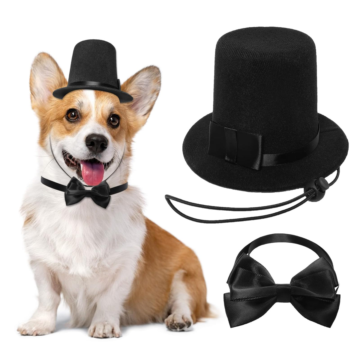 Pet Formal Accessories Set 2 Pcs Dog Costume Top Hat with Formal Pet Tuxedo Bowtie/Necktie Birthday Party Halloween Gradation Christmas Dog Cat Costumes Accessories Black One Size