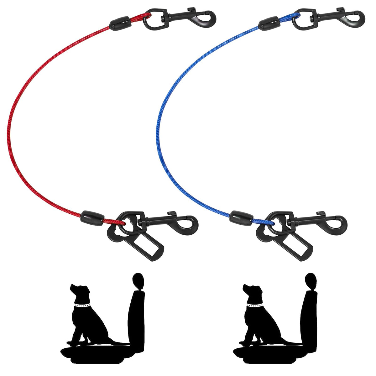 Dog Car Harnesses Dog Seatbelt of Coated Wire Leash Safety Restraint No Chew Tether Cable Vehicle Dog Accessories Double Clips & Latch Attachment (Red+Blue 32 inch/80 cm)