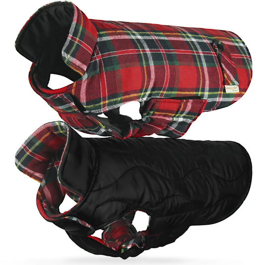 VIVAGLORY SoftJoy Dog Winter Coat Dog Cold Weather Coats British Style Plaid Jacket Dog Vest Apparel & Accessories for Snow Winter Outdoor Heavy Duty Snow Warm Cozy Reversible Cold Weather S Red
