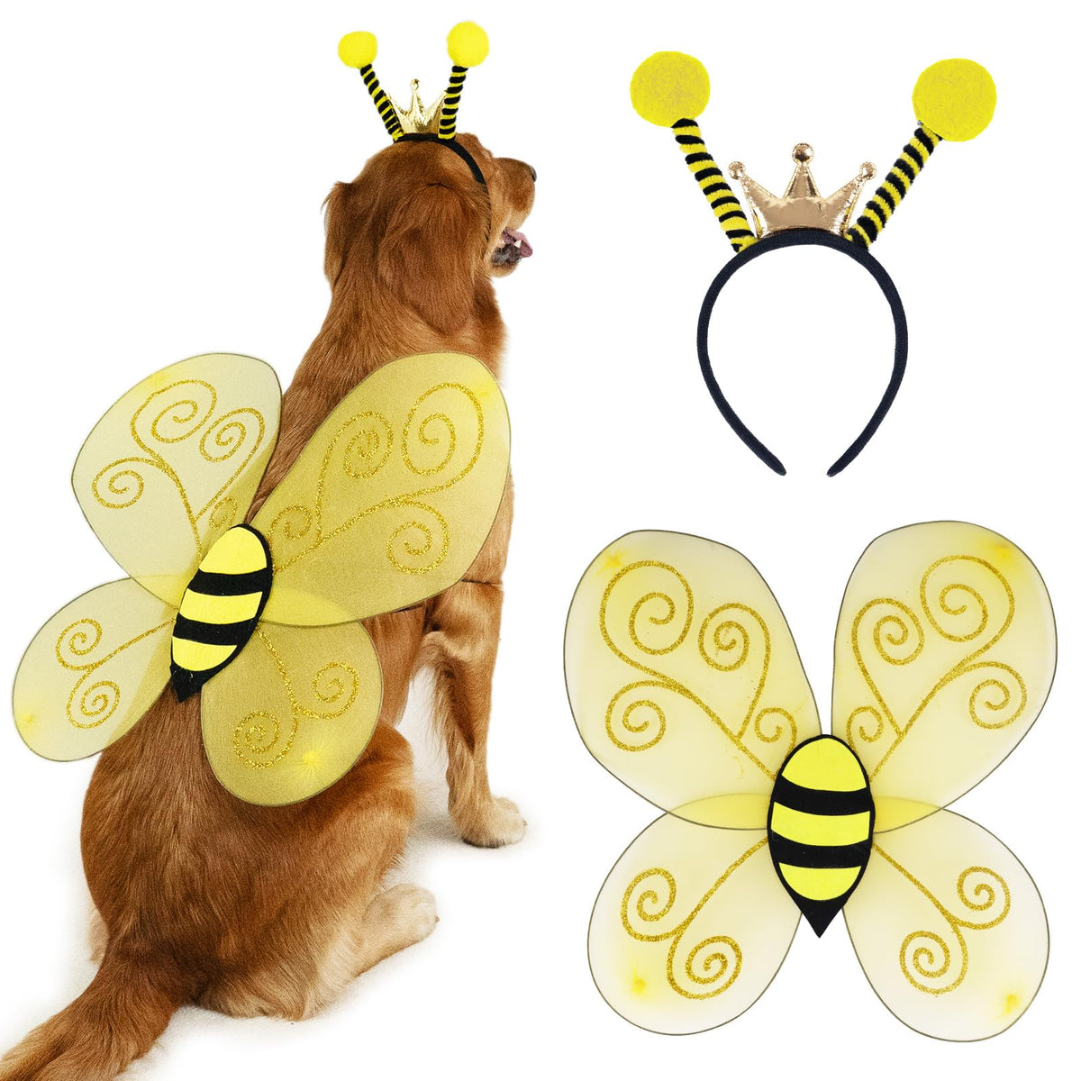 Wodison Bee Dog Headband and Wings Costume Set Bee Wings Headband Accessories for Large Dog Halloween Christmas Birthday Festival Party Cosplay