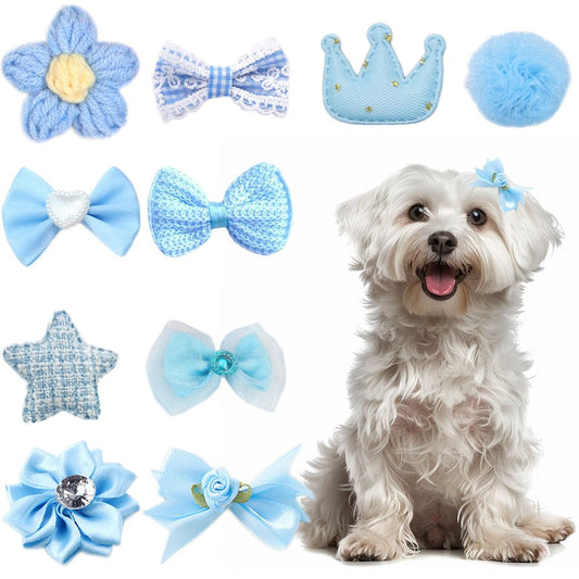 10pc Blue Cute Dog Hair Bows with Rubber Bands Bulk Handmade Yorkie Dog Hair Grooming Bows for Small Dogs Puff Ball Flower Star Pet Girl Dog Bows with Rhinestone for Dog Hair Accessories (Blue)