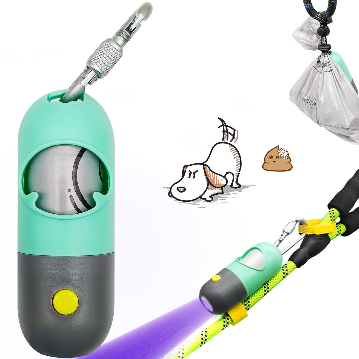 YUCHIYA Dog Poop Bags Holder with UV Flashlight with 1 Roll of Leak-Proof Dog Waste Bags Black Light for for Pet Urine Detector with Built-in LR44 Batteries and Dog Walking Accessories (Mint Green)
