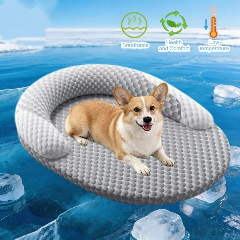 Summer Cooling Dog Bed Ice Silk Cat Mat Breathable Oval Pet Nest Heat