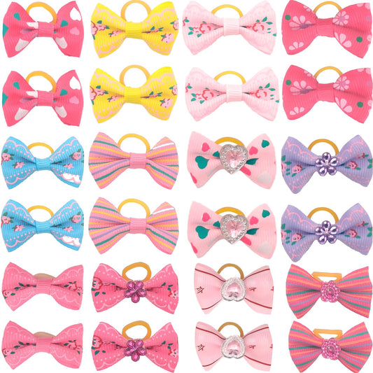 Naturahand 24pcs Dog Hair Bows with Rubber Bands Cute Puppy Dog Bow Ties Handmade Little Dog Knotted Bows Multicoloured Pets Cats Dogs Grooming Bow Accessories
