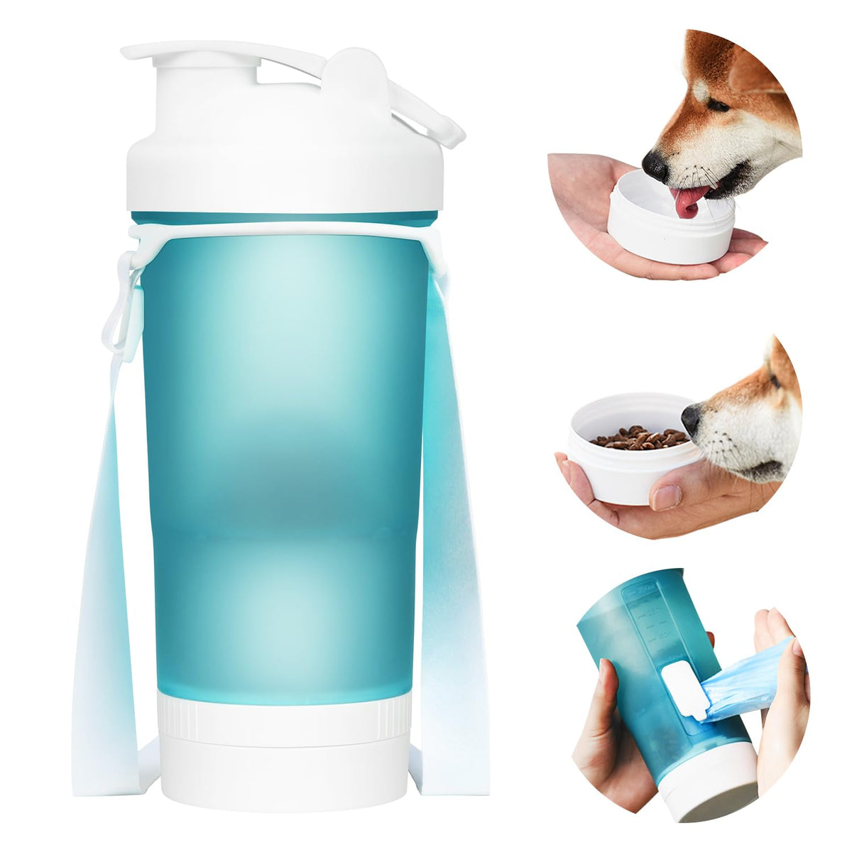 Loonpon Dog Water Bottle Portable Pet Water Bottle with Dog Bowl Food Container Poop Bag Container Dog Water Dispenser Dog Stuff Accessories Items for Walking Hiking Travel (Blue 15oz)