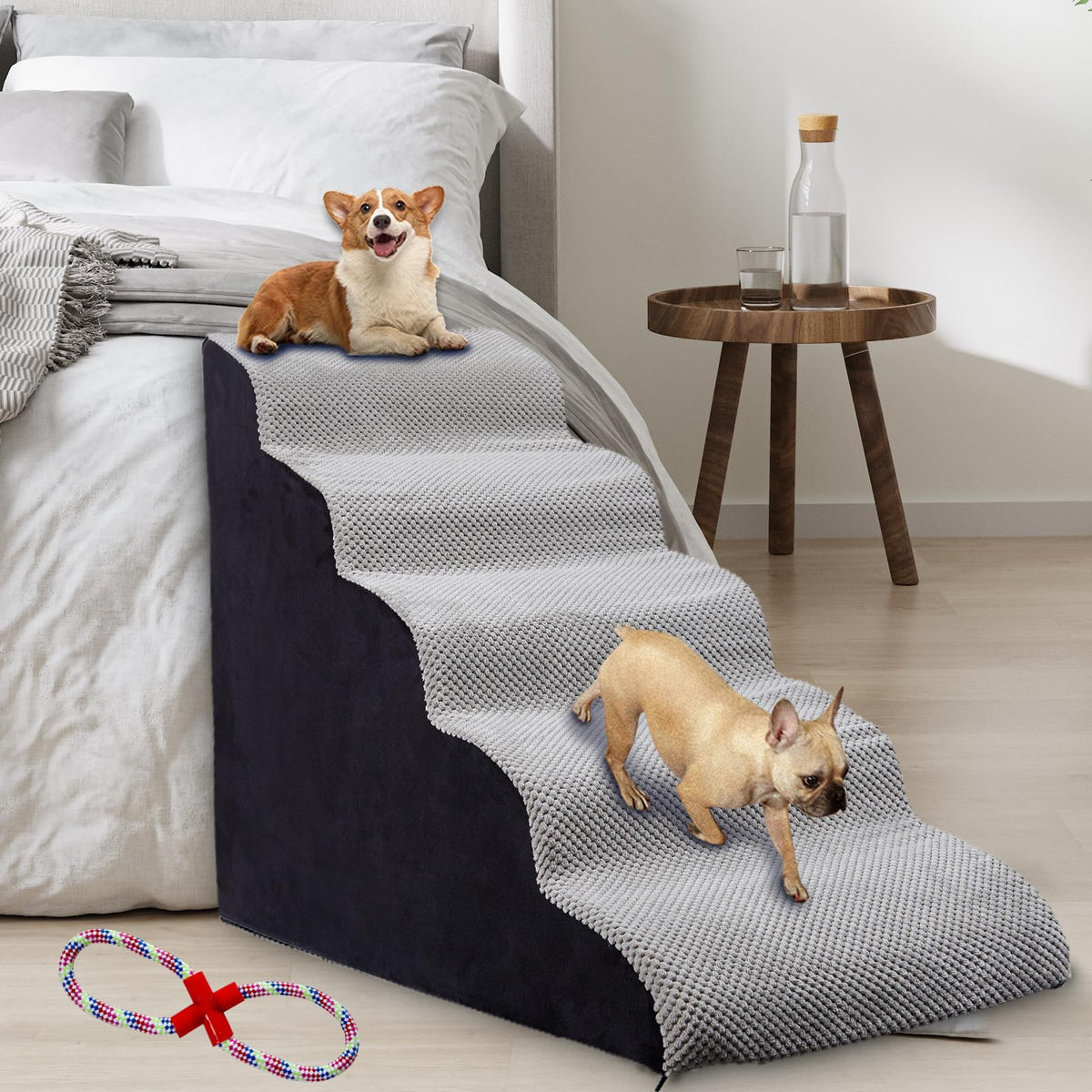 Dog Stairs 24 inches High 5-Step Dog Stairs for High Beds 24-28 inches Tall Dog Stairs for Small/Large Dogs to High Beds 26 inches Non-Slip Dog Stairs Steps for Beds 28 inches Light Grey